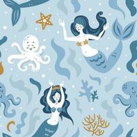 Mermaid and octopuses, corals and algae. Ocean, fairy-tale creatures, seabed. Cartoon child character in flat style. Marine life. Seamless pattern for nursery, wallpaper, fabric, wrapping, background vector