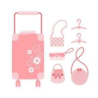 A set of various ladies handbags. Clutch, eco-friendly wicker knitted round jute bag. Travel suitcase on wheels with floral print. Pink set of items for a doll. Hangers for dresses vector