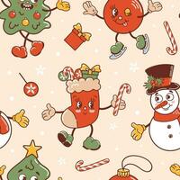 Snowman, Christmas tree and stocking dancing, ball is skating. Cute old retro cartoon style characters. Knitted ugly sweater. Seamless pattern for wallpaper, fabric, wrapping, background. vector