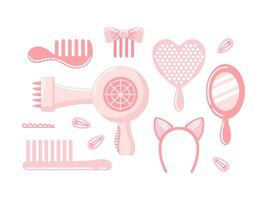 Pink doll set of hair styling accessories. Various vintage hairdressing equipment. Hair dryer, comb, hair clips in flat style. Combs and brushes. Headband with cat ears, mirror. Beauty salon concept vector