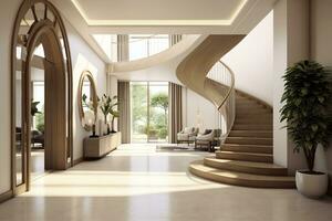 The interior design of the modern entrance hall with a staircase in the villa. AI Generated photo