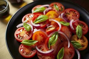 Healthy tomato salad with onion basil olive oil and balsamic vinegar. AI Generated photo