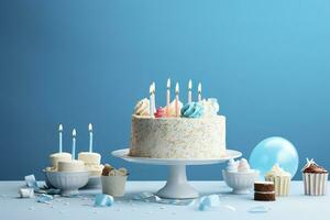 Birthday cake with candles and sweets on white table near blue wall. Generative AI photo