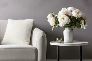 Vase of white peonies with coffee table and armchair near grey wall. Generative AI photo