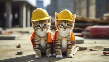 Two kittens wearing hard hats on a construction site. Generative AI photo