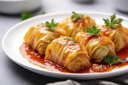 Stuffed cabbage with rice on a white table. Generative AI photo