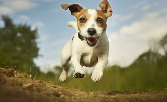 Jack rusia párroco perro correr hacia el cámara bajo ángulo alto velocidad disparo. ai generado foto