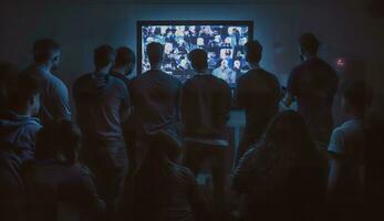 People crowd watching TV. TV addiction, propaganda and fake news concept. Generative AI photo