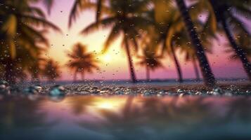 Beach with waves and coconut trees at sunset. Generative AI photo