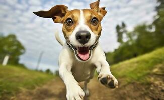 Jack rusia párroco perro correr hacia el cámara bajo ángulo alto velocidad disparo. ai generado foto