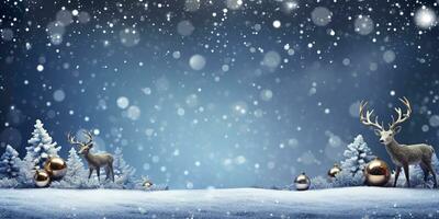ciervo en pie en invierno nieve antecedentes con Navidad árbol. alegre Navidad y contento nuevo año. ai generado foto