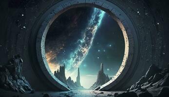 Portal to another world. Futuristic cosmic landscape with circle tunnel in starry sky. Generative AI photo