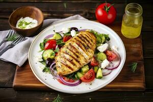Seared chicken breast and Greek salad on a wooden table. Generative AI photo