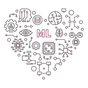 ML Heart - Machine Learning Technology concept vector line minimal banner or illustration