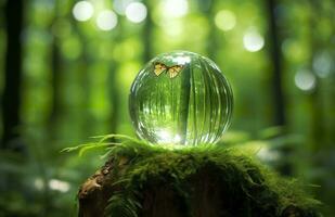 Butterfly and Crystal ball on a tree stump in the forest, natural green background. Generative AI photo