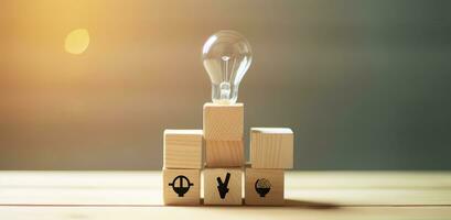 Creative idea, solution and innovation concept. Idea generation for business development. Wooden cube blocks with light bulb and cycle icons on clean background and copy space. AI Generative photo