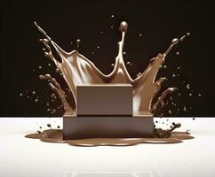 Chocolate splash with a podium, mockup background for milk product display, 3d. Generative AI photo