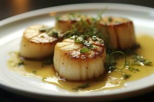 Closeup of pan seared diver scallops with lemon beurre blanc. Generative AI photo