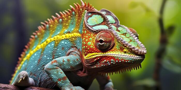 A colorful close up chameleon with a high crest on its head. Generative AI photo