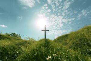 The cross of God with green Leaf, in the rays of the sun and blue sky. Cross on the hill with green trees and graeen natural view. Religious concept, AI Generative photo