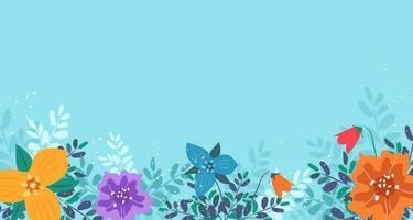 Horizontal banner, floral background with colorful and various flowers and leaves. Spring or summer botanical wallpaper in cartoon flat style on blue backdrop. Vector illustration.