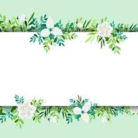 Square banner with stripe decorated with gorgeous multicolored blooming flowers and leaves border. Spring or summer botanical flat vector illustration on green background with place for your text.