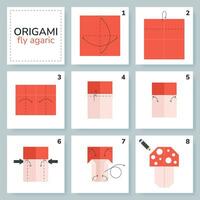 fly agaric origami scheme tutorial moving model. Origami for kids. Step by step how to make a cute origami mushroom. Vector illustration.