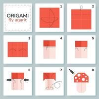 fly agaric origami scheme tutorial moving model. Origami for kids. Step by step how to make a cute origami mushroom. Vector illustration.