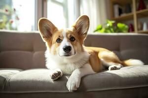 Beautiful, smart, calm purebred corgi dog lying on on sofa in living room. Generative AI photo