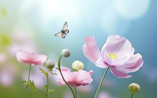 Fresco primavera Mañana en naturaleza y revoloteando mariposas en un suave verde antecedentes. generativo ai foto