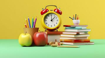 popular Arte ilustración de colegio accesorios con manzanas, libros, y un alarma reloj en el colegio antecedentes. espalda a colegio concepto. 3d representación, ai generativo foto