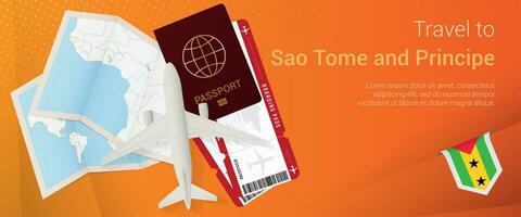 viaje a sao a mi y principe pop-under bandera. viaje bandera con pasaporte, Entradas, avión, embarque aprobar, mapa y bandera de sao a mi y príncipe vector