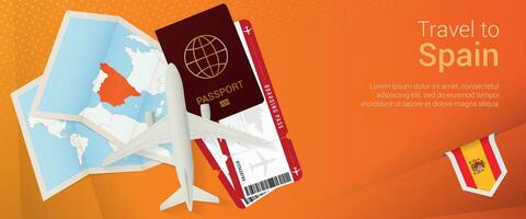 Travel to Spain pop-under banner. Trip banner with passport, tickets, airplane, boarding pass, map and flag of Spain. vector