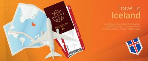 Travel to Iceland pop-under banner. Trip banner with passport, tickets, airplane, boarding pass, map and flag of Iceland. vector