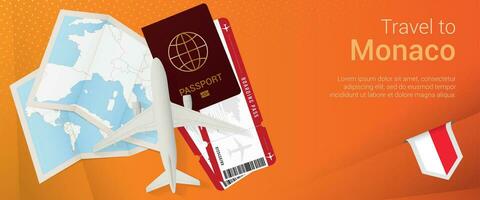 Travel to Monaco pop-under banner. Trip banner with passport, tickets, airplane, boarding pass, map and flag of Monaco. vector