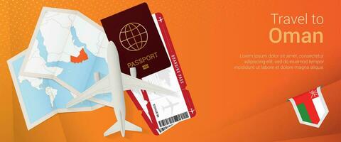 Travel to Oman pop-under banner. Trip banner with passport, tickets, airplane, boarding pass, map and flag of Oman. vector