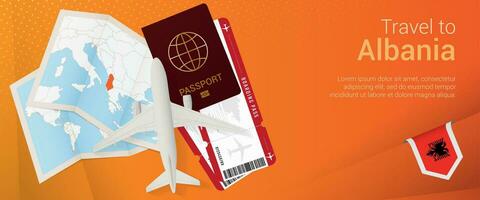 Travel to Albania pop-under banner. Trip banner with passport, tickets, airplane, boarding pass, map and flag of Albania. vector