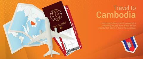 Travel to Cambodia pop-under banner. Trip banner with passport, tickets, airplane, boarding pass, map and flag of Cambodia. vector