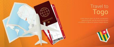 Travel to Togo pop-under banner. Trip banner with passport, tickets, airplane, boarding pass, map and flag of Togo. vector