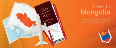 Travel to Mongolia pop-under banner. Trip banner with passport, tickets, airplane, boarding pass, map and flag of Mongolia. vector