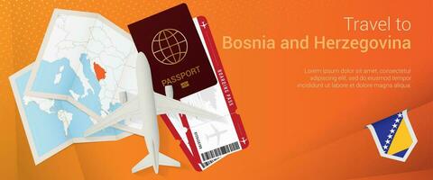 Travel to Bosnia and Herzegovina pop-under banner. Trip banner with passport, tickets, airplane, boarding pass, map and flag of Bosnia and Herzegovina. vector