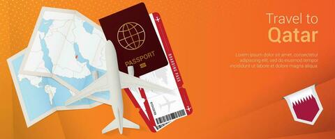 Travel to Qatar pop-under banner. Trip banner with passport, tickets, airplane, boarding pass, map and flag of Qatar. vector