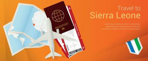 Travel to Sierra Leone pop-under banner. Trip banner with passport, tickets, airplane, boarding pass, map and flag of Sierra Leone. vector