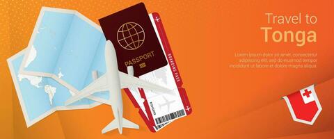 Travel to Tonga pop-under banner. Trip banner with passport, tickets, airplane, boarding pass, map and flag of Tonga. vector