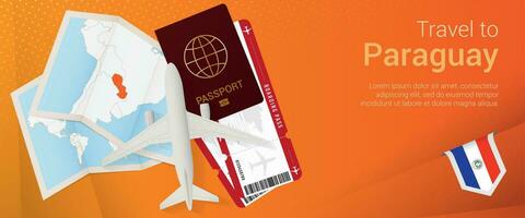 Travel to Paraguay pop-under banner. Trip banner with passport, tickets, airplane, boarding pass, map and flag of Paraguay. vector