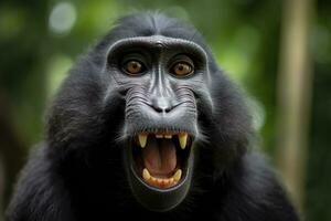 Celebes crested macaque with open mouth. Close up on the green natural background. Generative AI photo