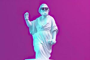 A white statue of Plato in a cool pose, wearing magenta and cyan 3D glasses, ready to party. AI Generative photo