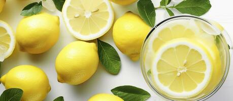 Lemonade in a glass with fresh lemons and mint. Cold summer drink with copy space. Generative AI photo