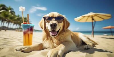 Golden Retriever dog is on summer vacation at seaside resort and relaxing rest on summer beach of Hawaii. AI Generative photo