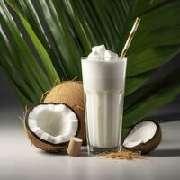 Coconut milk shake glass with fresh sliced coconut. Generative AI photo